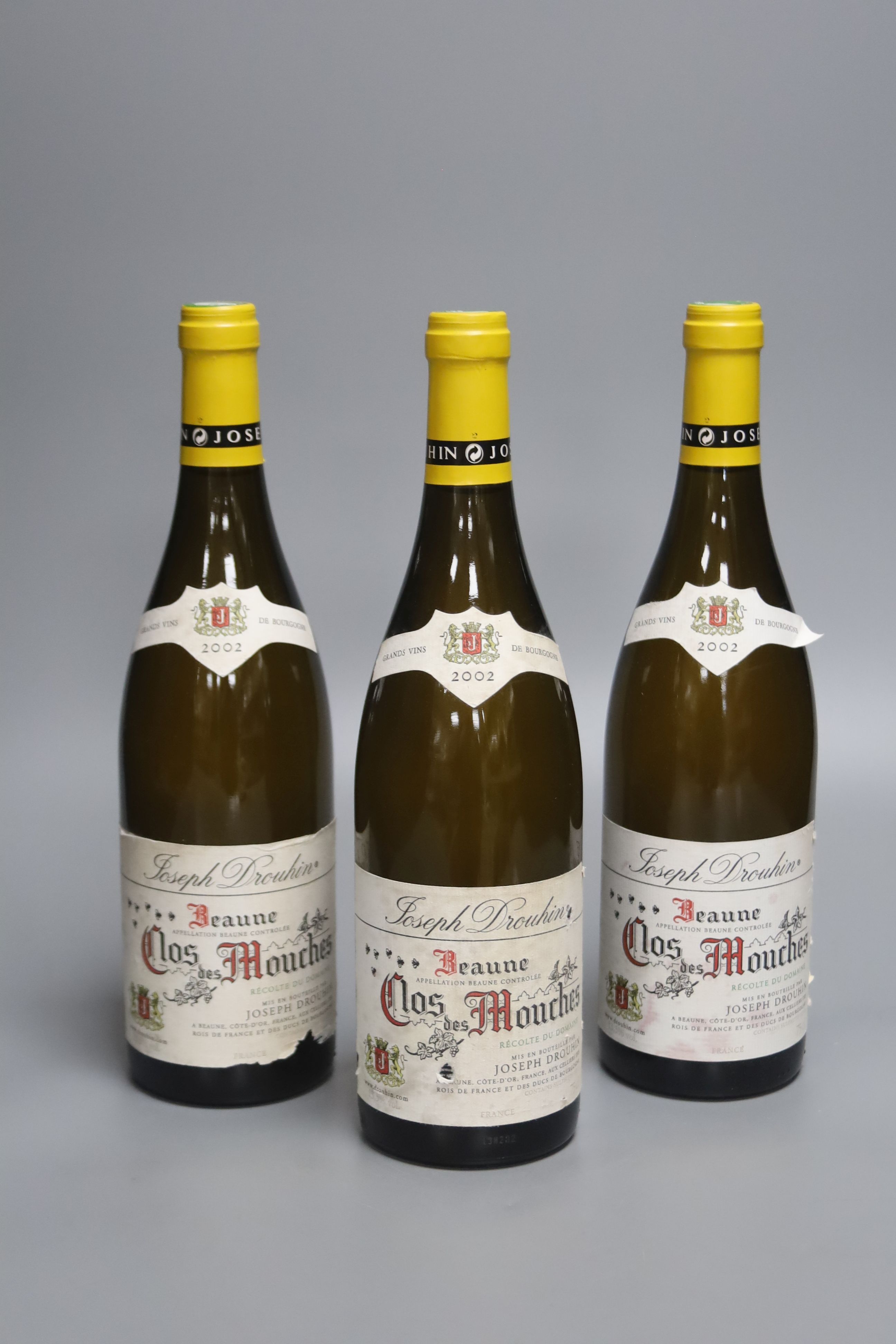 Three bottles of Joseph Drouhn Beaune Cru Clos de Mouche Blanc, 2002, 75cl